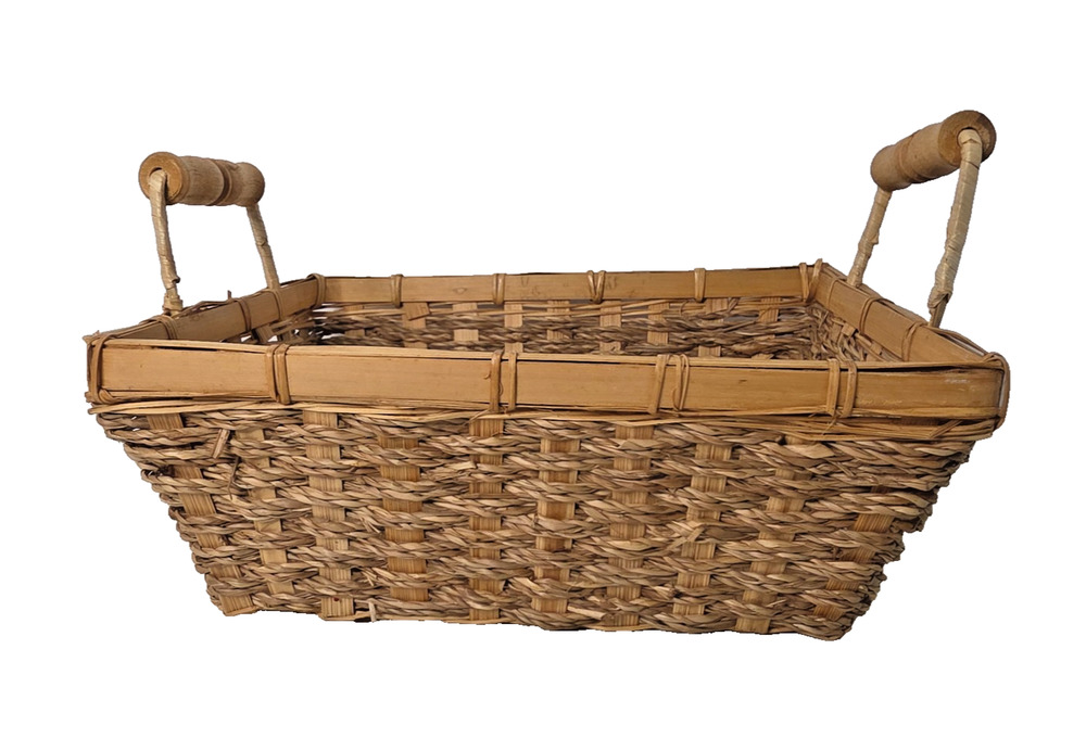 Vintage Rectangular Seagrass Basket Double Wooden Handles Countertop Storage